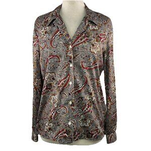 Vtg Jane Colby M/L Shirt Womens Orange Yellow Paisley Button Up 70s Tagged 15/16